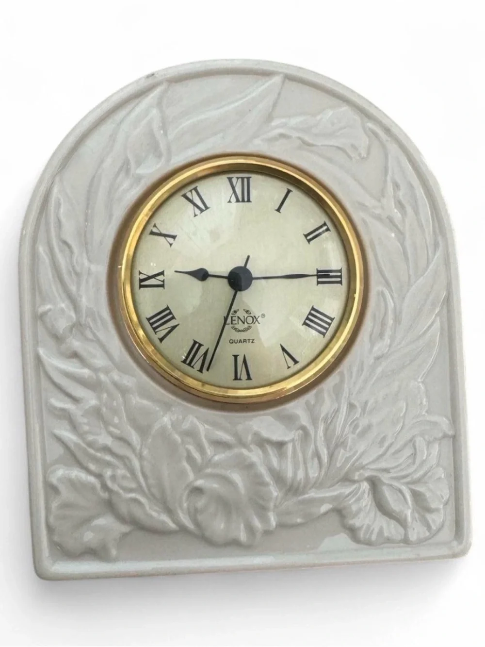 Lenox White Ceramic Floral Relief Mantel Clock with Gold Bezel